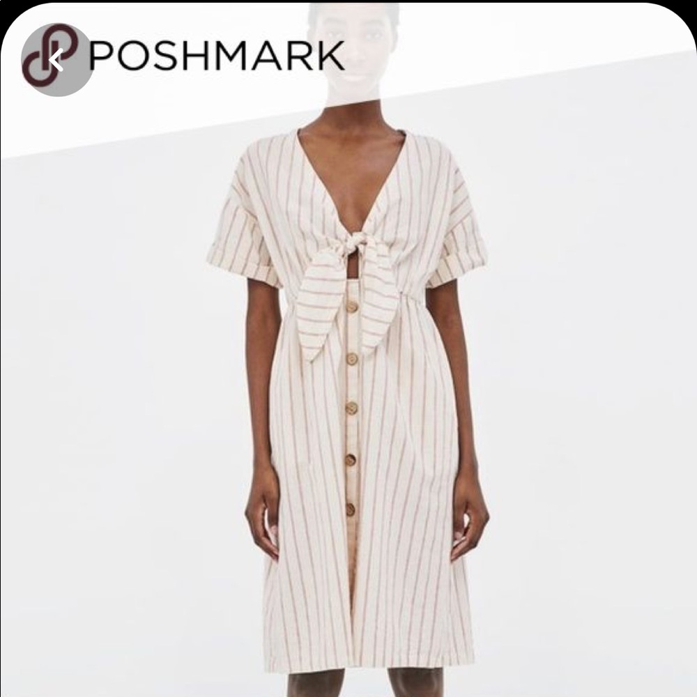 Zara Linen Tie Front Striped Midi Dress